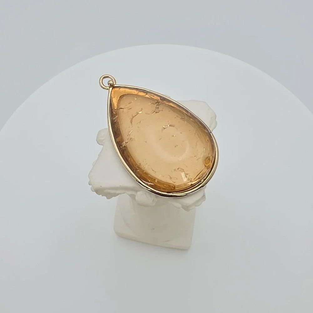 Vintage MONET Signed‎ Pale Orange Quartz Stone Pendant Large Gold Tone 2